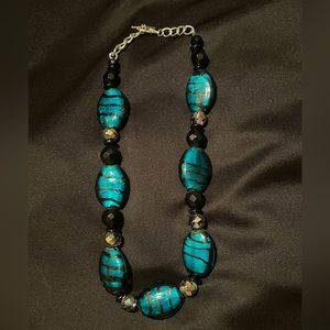 Large turquoise and black glass bead necklace